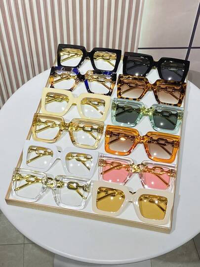12pcs/6pcs Women Square Big Frame Chain Leg Sophisticated Bohemian Style Elegant Fashion Glasses Sets, Suitable For Daily Use