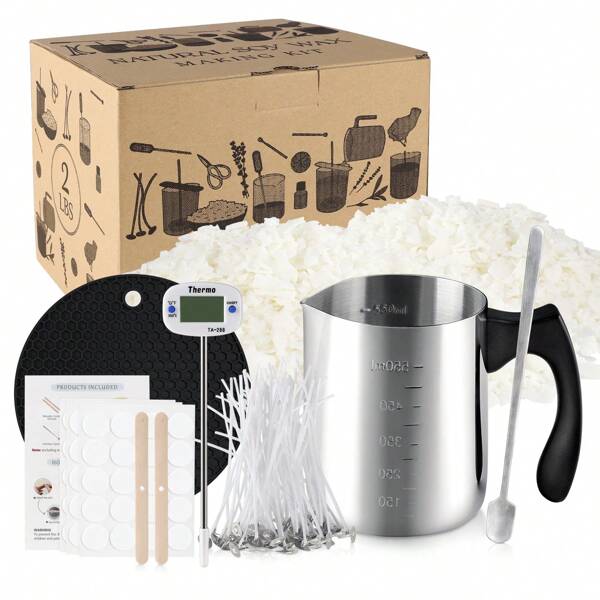 2LB Conjunto DIY Termômetro de Cera de Soja, Kit de Fabricação de Velas de Cera de Soja, Matéria-Prima de Cera Natural para Fabricação de Velas, Bolinhas de Cera de Soja Aquecíveis no Microondas, Adequado para Adultos, Adolescentes, Iniciantes, Pode ser Usado para Fazer Velas, Cera de Copo, Velas de Aromaterapia, Cera DIY