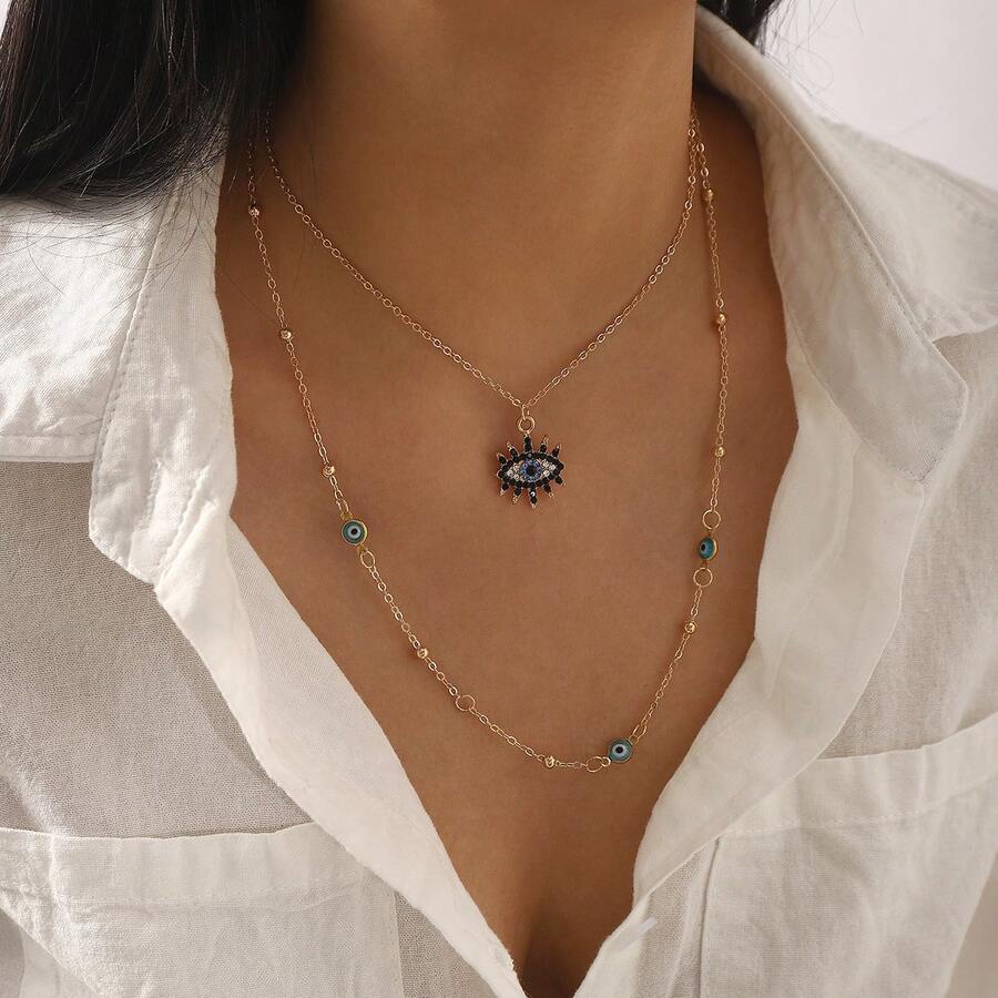 Mydear 1 件休闲双层水晶邪眼吊坠项链，适合女性日常和派对佩戴 - 眼睛 - 查看 1