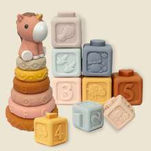 13Pcs Interlocking Rings & Blocks Building Toys, Stacking & Nesting With Unicorn Patterns, Essential Squeeze Teething Toys For Newborns, Gift For 6-12-18 Months Babies & Toddler Girls - Multicolor - View 1