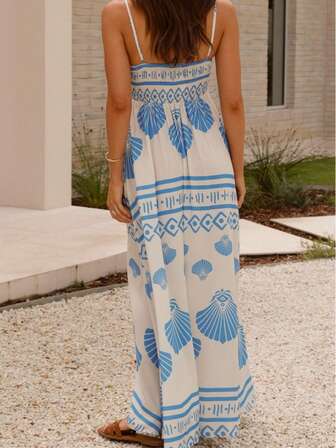 夏季女士休闲度假波西米亚印花女式吊带连衣裙