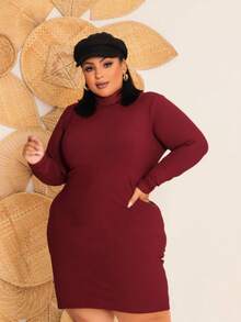 Women's Plus Size Dress Long Sleeve High Neck Elegant Premium Ribbed Fabric - Burgundy - View 2