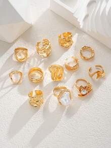 14/12/3pcs Set Asymmetrical Shaped Faux Pearl Flower, Geometric, Liquid, Round, Hollow, Multilayer Metal Textured Rings, Oversized, Chunky, Fashionable, Elegant, Vintage, Suitable For Holiday, Party, Date, Gift, Daily Wear - Yellow Gold - View 5