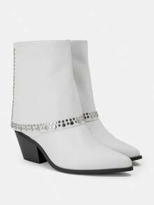 Women's Western-Style Ankle Boots With Metallic Studs – Pointed Toe And Block Heel Design For Bold Fall Looks - White - View 2