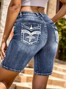 Babyhug Mid Thigh Length Washed Shorts with Stretch & Floral Embroidery - Blue main image 0