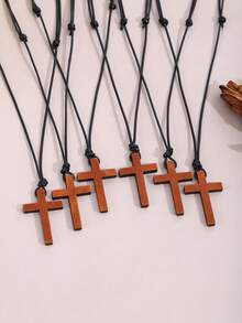 ZIRUISP 1/2/4/6/12pcs Handmade Wooden Cross Pendant Necklace, Suitable For Men And Women, Christian Jewelry With Adjustable Black Cord, Perfect Faith Gift For Believers - Wooden Cross Wax Rope Necklace - View 7