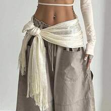 Women Belly Dancing Outfits Hip Hop Solid Colors Tassel Hip Scarf Wrap Skirt For Party Nightclubs Rave Costume - 白色 - 查看 2