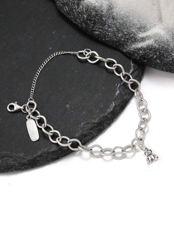 1pc Simple Unique Elegant 925 Sterling Silver Bracelet Embellished With Stuffed Teddy Bear Pendant Style Forged Link Charm Bracelet DIY Pendant Women Fine Jewelry Gift