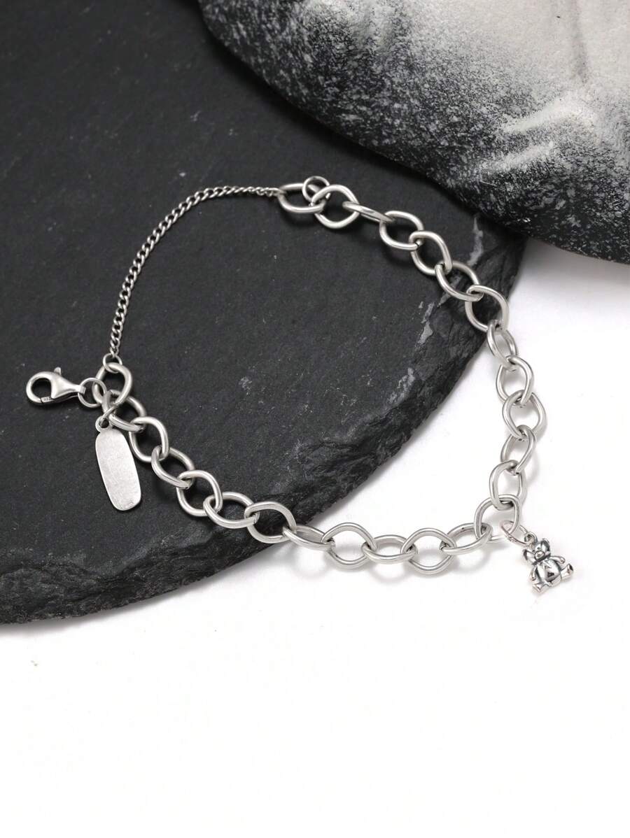 1pc Simple Unique Elegant 925 Sterling Silver Bracelet Embellished With Stuffed Teddy Bear Pendant Style Forged Link Charm Bracelet DIY Pendant Women Fine Jewelry Gift