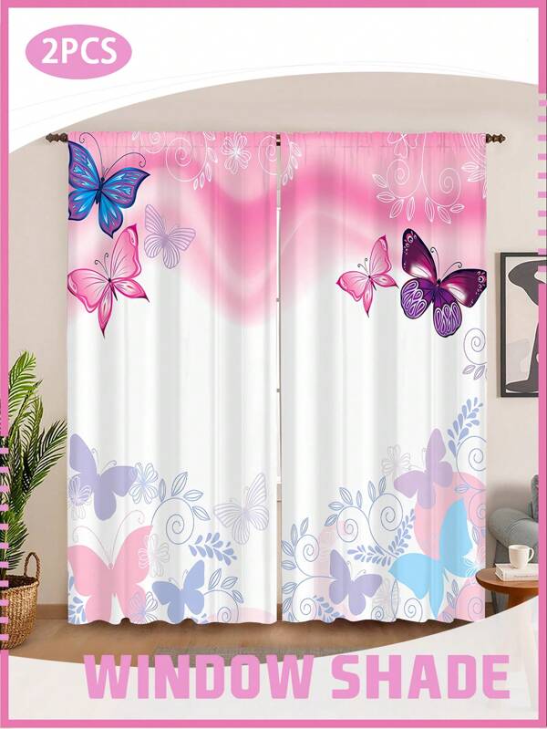 2Panels Enchanted Garden Curtains Butterfly Print Window Drapes, Semi-Blackout Nursery Decor For Girls Room