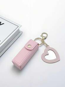 1pc Solid Color PU Leather Lipstick Holder (With Heart-Shaped Mirror) - Women's Makeup Keychain. Back To School Lipstick Holder With Heart-Shaped Mirror, Multiple Colors Available, Women's Makeup Bag, Heart-Shaped Bag Charm Fashion Keychain Pendant, Wallet, Handbag, Bag Accessory. Suitable For Parties, Weddings And Dances. Make Up Bag - White - View 14