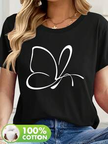Camiseta Casual de Mujer 100% Estampado Mariposa - Cuello Redondo Suave, Manga Corta, Esencial para Primavera/Verano, Lavable a Máquina - Negro - Ver 1