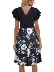 Women's Semi-Formal Ruffle Sleeve V-Back Work Fit And Flare Cocktail Knee Length Dress With Pockets, 2025 Style - 黑色花卉-978 - 查看 2