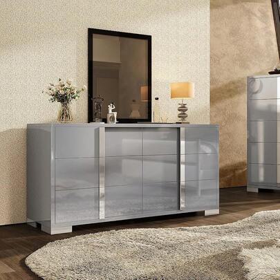Glossy 6-Drawer Dresser With Silver Grooved Handles, Modern Storage Chest With Wide Tabletop, For Bedroom, Dressing Room & Living Room