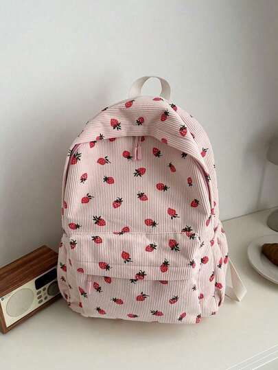 1 PC Pink Corduroy Strawberry Fruit Print Travel Campus Bag Back To School High-End Feeling Popularized Backpack,Multifunctional And Large Capacity Fashionable And Casual Large Capacity Portable Zipper School Bags,Travel Storage Stationery Storage,Vacation Essentials Satchel, For Headphones,Charger,Lipsticks,Cosmetics,Perfume,Skin Care And Beauty Products,For Nurses,Students,Keys,Holiday Gifts