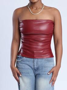 Steph T Women's Burgundy Leather Ruched Asymmetric Hem Tube Top, Fashionable Party Outfit For New Year & Valentine's, Going Out Wear - Burgundy - View 10