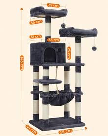 Arbre à Chat Hauteur 143 cm, Tour de Jeux pour Chat, avec 11 Poteaux à Griffer, 2 Plateformes, 1 Niche, 1 Hamac, 2 Pompons, en Tissu Peluche, Plusieurs Niveaux, Gris foncé - Gris foncé - Voir 5