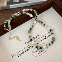 1pc Refreshing Peacock Green Stone & Pearl Beaded Necklace, Delicate Luxury Female Accessory Choker, Summer 2025 New Arrival