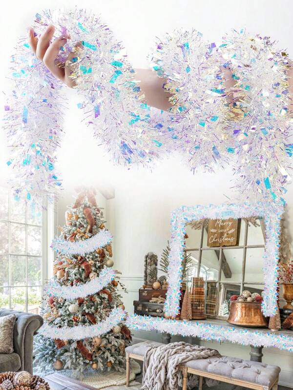 1 pieza - 2m Guirnalda de oropel para árbol de Navidad, Guirnalda de oropel iridiscente blanca, Guirnalda de oropel metálico retorcido para decoración de Navidad, fiestas de cumpleaños, pared, chimenea, interiores y exteriores