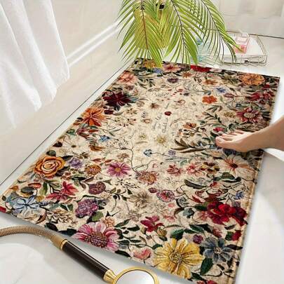 1pc Retro Bohemian Floral Design Microfiber Bath Mat, Non-Slip And Super Soft Bathroom Floor Rugs, Doormat, Bathroom Water Absorption Mat, Machine Washable, Low Pile, TPR Backing, Knit Fabric, For Bathroom, Bedroom, Kitchen, Entryway, Indoor & Outdoor Use, Home Decor, Bathroom Accessories & Decor, Perfect New Home Gift Back To School Entryway Decor Bathroom Kitchen Decor