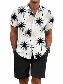 Men's Summer Beach Outfits 2 Pieces Short Sleeve Shirts And Shorts Vacation Texture Linen Sets Men - Cây Dừa Trắng - Xem 1
