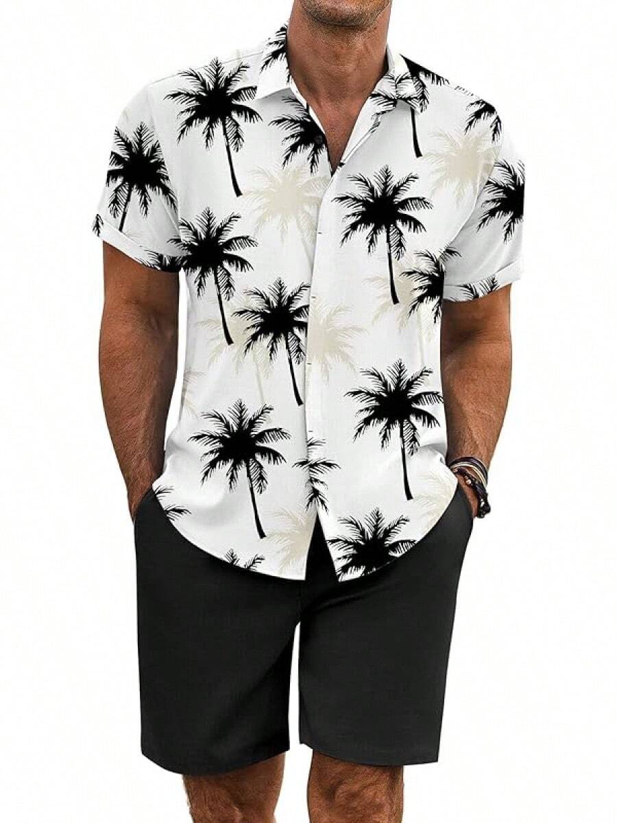 Men's Summer Beach Outfits 2 Pieces Short Sleeve Shirts And Shorts Vacation Texture Linen Sets Men - Cây Dừa Trắng - Xem 1