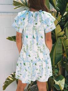 Women's Floral & Striped Print Ruffle Hem Cap Sleeve Vacation Dress, Summer - Blue - View 2