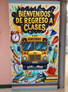 1 Stück Semesteranfang Thema Banner, hergestellt aus Polyesterstoff, mit gelbem Schulbus, Wecker, Schreibwaren, mit buntem Spritzlackenhintergrund und spanischem Text "BIENVENIDOS DE REGRESO A CLASES" (Willkommen Rücken in die Klasse), lebendiger kreativer Stil mit detailliertem, lebhaftem Design, geeignet für die Schuleröffnungszeit, Szenen des ersten Schultags, kann Klassenzimmertüren, Campusaktivitätsbereiche dekorieren, um eine herzliche Begrüßung zu vermitteln.