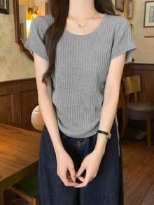 Áo len dệt kim gân cổ tròn viền cuộn thanh lịch phong cách Hàn Quốc mùa hè, dây rút, vải lanh nhẹ - Xám - Xem 2