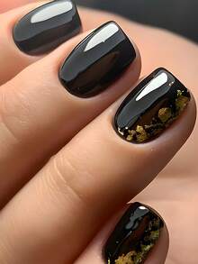 24 件方形短款黑色金属金箔简约假指甲美甲套装，适合女士和女孩，包含指甲锉、凝胶抛光 - 黑色 - 查看 1