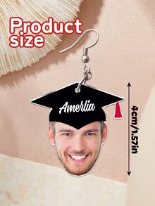 1pc Personalized Face + Name Photo Earrings With Graduation Cap - Custom Acrylic Photo Dangly Jewelry Gift For Graduates, Funny Graduation Party