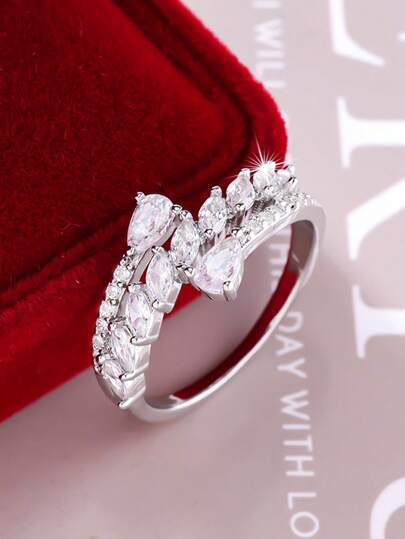 1 قطعة خاتم من التصميم الناعم متعدد الطبقات من الزركونيا بتصميم قطرة الماء، مرصع بأحجار لامعة، مناسب للنساء، للارتداء اليومي، الزفاف، الخطوبة، عيد الميلاد، حفلات ، هدية عيد الحب