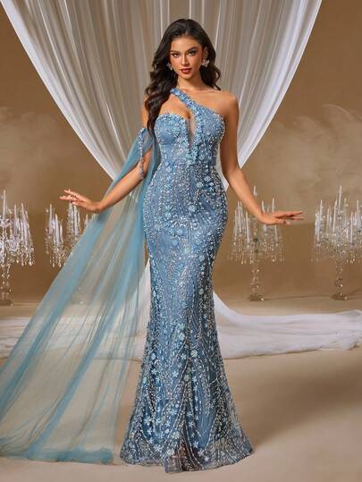 GIFORU Blue Sequin Evening Gown Elegant One-Shoulder With Sheer Cape & Backless Detail Beaded Mermaid Dress For Red Carpet, Weddings Prom Dress Wedding Dresses For Bride Formal Dresses For Women