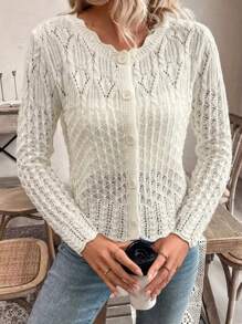 Elegant & Cute Plus Size Lady Knit Sweater, Long Sleeve, Solid Color, Hollow Out Design, Casual & Versatile, Suitable For Outing, Plus Size Women Cardigan