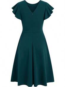 Women's Semi-Formal Ruffle Sleeve V-Back Work Fit And Flare Cocktail Knee Length Dress With Pockets, 2025 Style - Teal - 查看 4