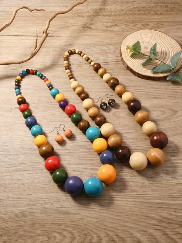 Handmade Boho Oversized Wood Bead Necklace & Earring Set, Retro Unique Music Festival/Runway Props Accessories