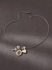 1 件经典时尚水钻镶嵌圣母玛利亚耶稣十字架和心形串珠项链，不锈钢休闲、派对、弥撒、聚会服装，适合女士 - 銀色 - 查看 12