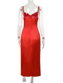 女士迷人缎面侧开叉连衣裙，婚礼宾客礼服，适合婚礼派对穿着，春季，鸡尾酒会 - 紅色 - 查看 1