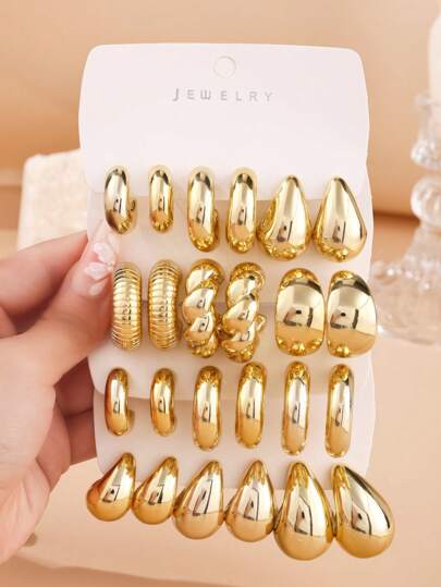 6-24 Stücke/Set Oversized Wassertropfen/Tränenform Ohrringe, C-Bügel & Twist Muster Ohrringset