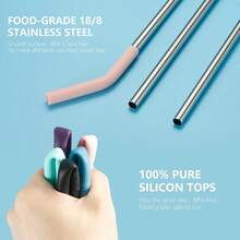 Local Delivery-Set Of 5 Stainless Steel Straws With Silicone Flex Tips Elbows Cover, 2 Cleaning Brushes And 1 Portable Bag Included (Silver)- 8mm Diameter - Silver - View 9