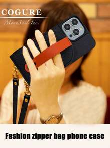 1pc Large Capacity Zipper Wallet Phone Case, Quilted Dual-Tone Half-Circle Leather Card Holder Phone Case With Detachable Shoulder Strap, Suitable For IPhone 16, 15, 14, 13, 12, 11 Pro Max, Women Holiday Travel Protective Cover With Stand Function