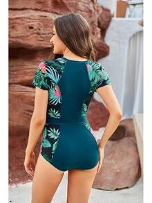 Traje de baño de una pieza para mujer GRACE KARIN con protección UV, manga corta, cierre frontal y cuello redondo - Verde - Ver 4