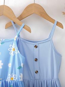 BASUSARRI 2pcs/Set Girls Floral Digital Print Casual Sleeveless Off-Shoulder Summer Dress, Versatile & Vacation Style - Blue - View 5