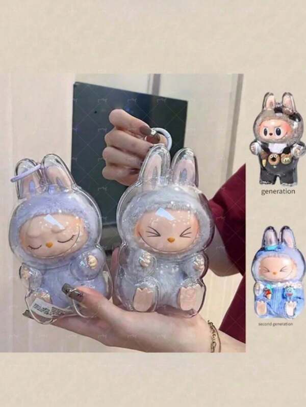 Clear Protective Case For Labubu Figurines - Cute Halloween Design With Pink Bunny & Blue Elephant, Durable ABS Material, Dustproof Cover For Collectors, Backpack Decor, Outdoor Display, Ornament Storage Back To School