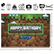 1pc, Pixel-Style Birthday Party Background Banner, Polyester Material, Suitable For Birthday Parties, Cake Table Banners, Photo Booths, Cartoon Game Party Background Decoration Items And Gifts