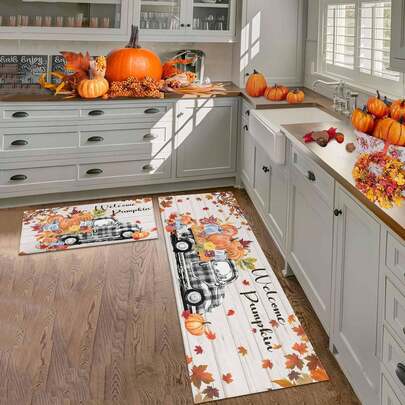 1 件/2 件秋季厨房地毯南瓜卡车地垫，防滑可洗农舍，适用于厨房、洗衣房秋季感恩节装饰。