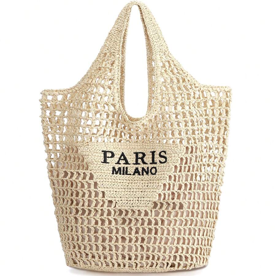 Hatisan Straw Beach Bag For Women Summer Woven Beach Tote Bag Shoulder Handbags Boho Bag - A-米色 - 查看 1