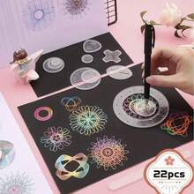 万华22件套尺子绘画套装,创意几何绘图尺,儿童及成人DIY螺旋艺术模板,拼图手工玩具,解压绘画工具,DIY螺旋模板,释放无限创意螺旋艺术模板和几何尺 - 彩色 - 查看 3