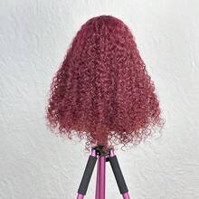 PQL HAIR 99J 酒红色 200% 巴西真人发混纺假发，深波浪 13x4 蕾丝前假发，带发际线，预修剪，带婴儿发，长卷混纺发，透明蕾丝前假发，自然黑 - SBUG - 查看 3