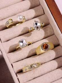 Conjunto de 4 anéis elegantes com pérolas e strass, conjunto de joias de luxo versáteis para mulheres, uso diário, viagens, feriados